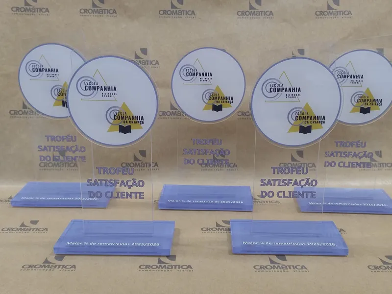 Troféus personalizados em acrílico executados pela Cromatica em Santos/SP
